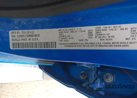 2021 Ram 1500 Laramie 4X4 5'7 Box из США, поврежденный, VIN 1C6SRFJT8MN674519